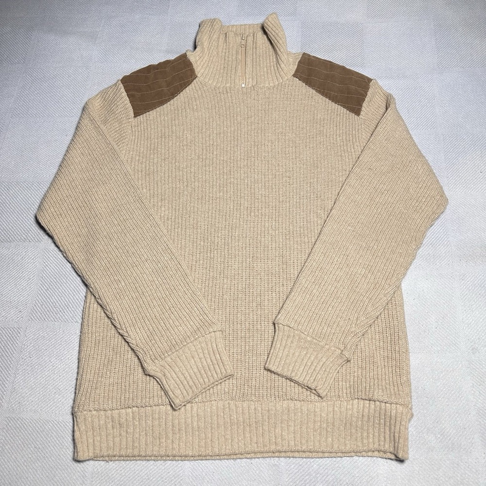 Vintage 70s 80s Kingsport Sweater Mens Large Brown Acrylic‎ Knit Suede Shoulders